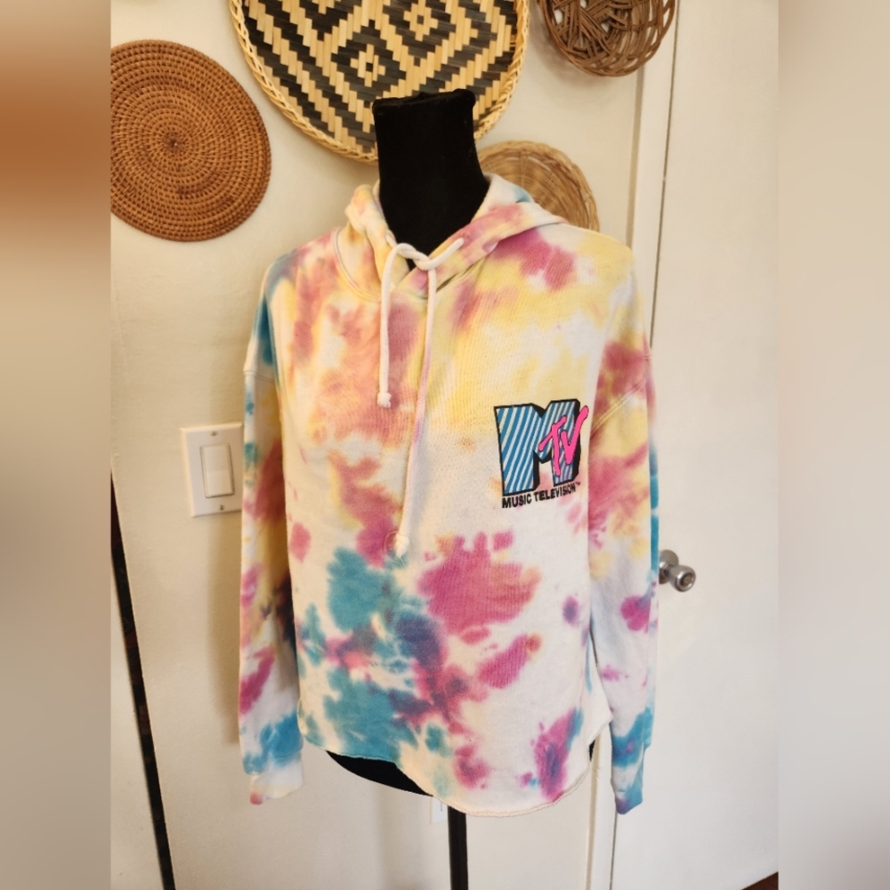 MTV Tie-Dye Hoodie Sweater in Yellow, Pink, Blue - Picture 8 of 13